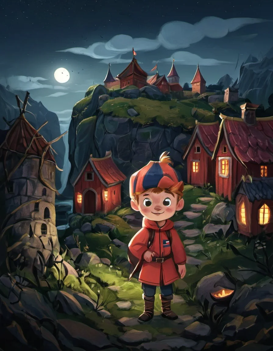 a Norwegian boy in The Dark Citadel landscape at Late evening, sharp focus, detailed <lora:MODILL_XL_0.27_RC:0.95>
