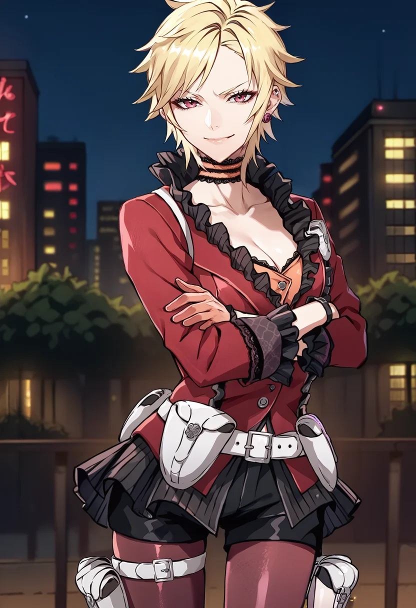 score_9, score_8_up, score_7_up, source_anime, 1girl, cowboy shot, looking at you, crossed arms, smirk, smug, BREAK <lora:MiladySH2-pdxl:1> defMilady, short hair, ear piercing, earrings, frilled choker, red jacket, cleavage, long sleeves, frilled sleeves, half gloves, orange gloves, white belt, belt pouch, black miniskirt, short shorts, pantyhose, thigh pouch, outdoors, city, night