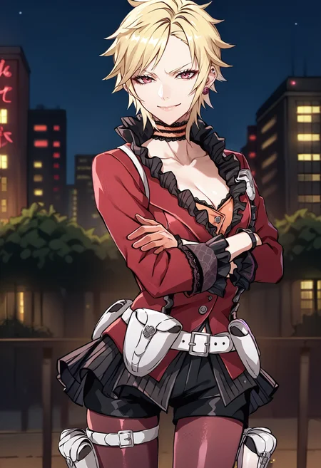 score_9, score_8_up, score_7_up, source_anime, 1girl, cowboy shot, looking at you, crossed arms, smirk, smug, BREAK <lora:MiladySH2-pdxl:1> defMilady, short hair, ear piercing, earrings, frilled choker, red jacket, cleavage, long sleeves, frilled sleeves, half gloves, orange gloves, white belt, belt pouch, black miniskirt, short shorts, pantyhose, thigh pouch, outdoors, city, night