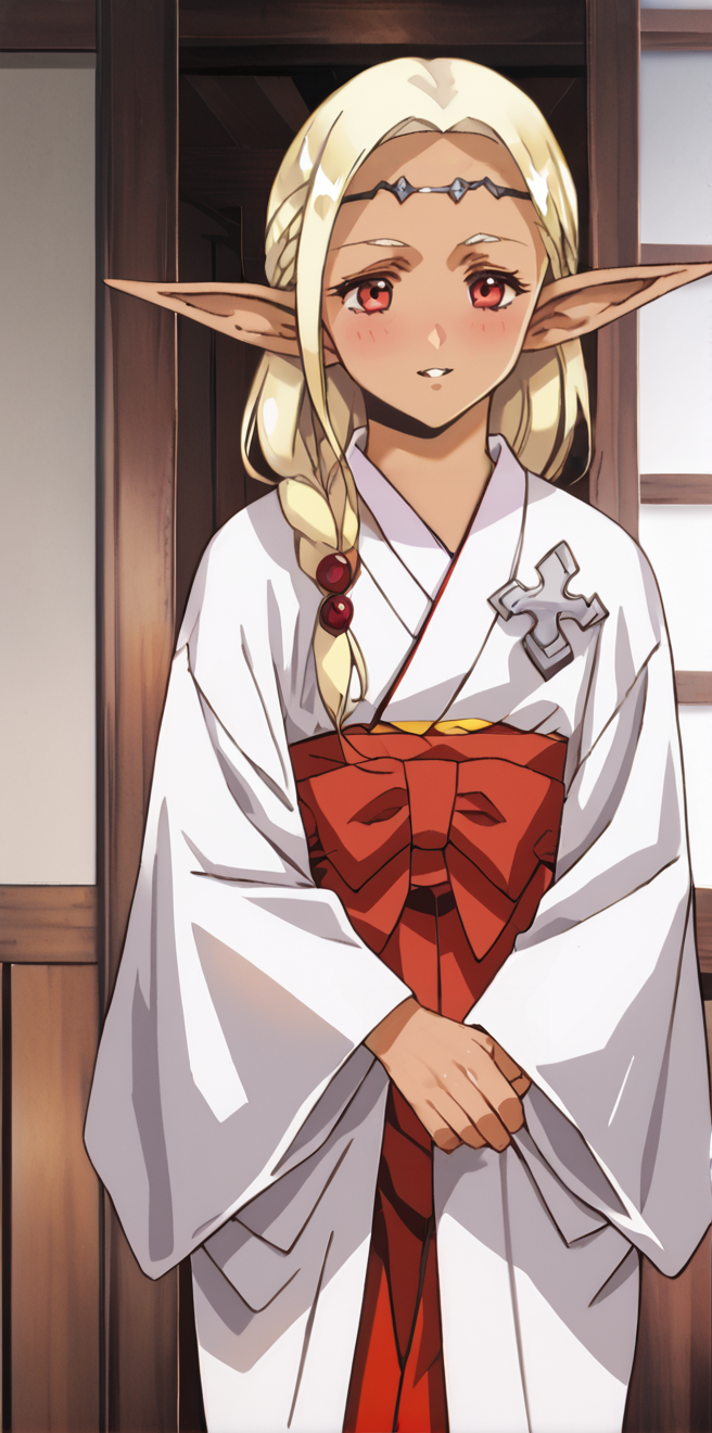 1girl,  absurdres, uncensored,
score_9, score_8_up, score_7_up, score_6_up, source_anime, zPDXL3,
(mature female),
BREAK
indoors, seductive smile, smile,
BREAK
,
BREAK
yorude, red eyes, blonde hair, long hair, pointy ears, dark elf, dark-skinned female, braid, japanese clothes, kimono, circlet,  
<lora:Urushihara Satoshi_XL_PONY_V2:0.9>,<lora:edomaeelf:0.8>