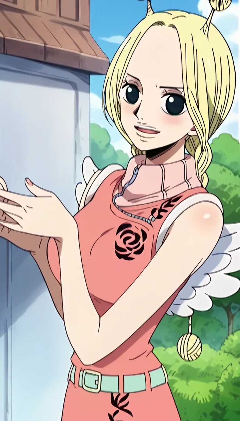 score_9, score_8_up, score_7_up, score_6_up, score_5_up, score_4_up, 1girl, conis, wings, blonde hair, antenna hair, twin braids, black eyes, pink dress, turtleneck, green belt, looking at viewer, cute, opanimeart, <lora:Conis_v2:1>