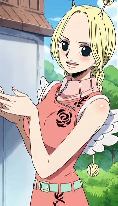 score_9, score_8_up, score_7_up, score_6_up, score_5_up, score_4_up, 1girl, conis, wings, blonde hair, antenna hair, twin braids, black eyes, pink dress, turtleneck, green belt, looking at viewer, cute, opanimeart, <lora:Conis_v2:1>