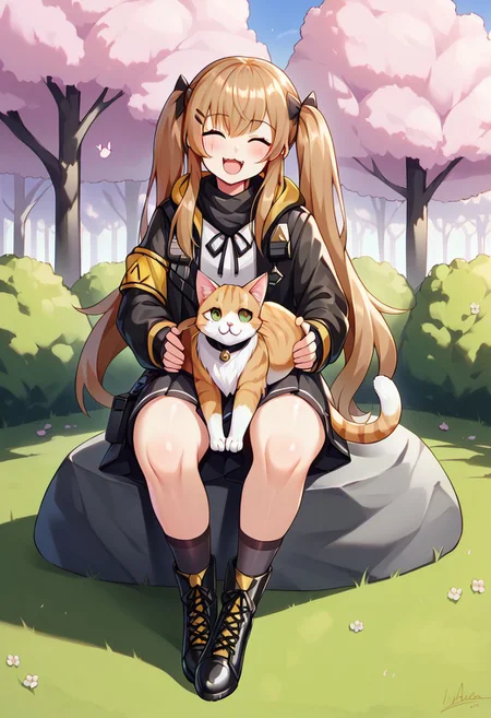 score 9, score 8 up, score 7 up, detailed background, shiny skin, <lora:ump9.pony:1>, ump9, def, park, cat, huge cat, cat on lap, sitting, sitting on rock, happy, joy,