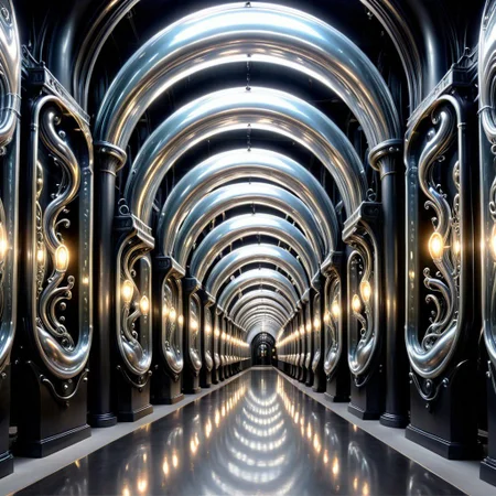 retro town, tunnel, LIQUID METAL oval biopunk ornaments on steel columns, light bulbs, giger art nouveau ornaments on glass walls, epic, colossal,Spiral Effect