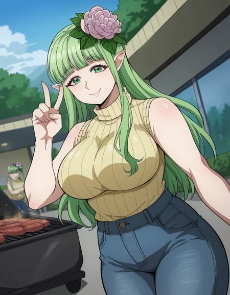 score_9, score_8_up, score_7_up, source_anime, <lora:kusahanada-s1-ponyxl-lora-nochekaiser:1>, kusahanada, large breasts, hair ornament, green eyes, flower, sidelocks, green hair, pointy ears, hair flower,, sleeveless, pants, sweater, turtleneck, denim, ribbed sweater, jeans, sleeveless turtleneck, backyard, barbecue, grilling, laughter, summer evening, , , v, v over eyes, smile, solo,, cowboy shot, dutch angle