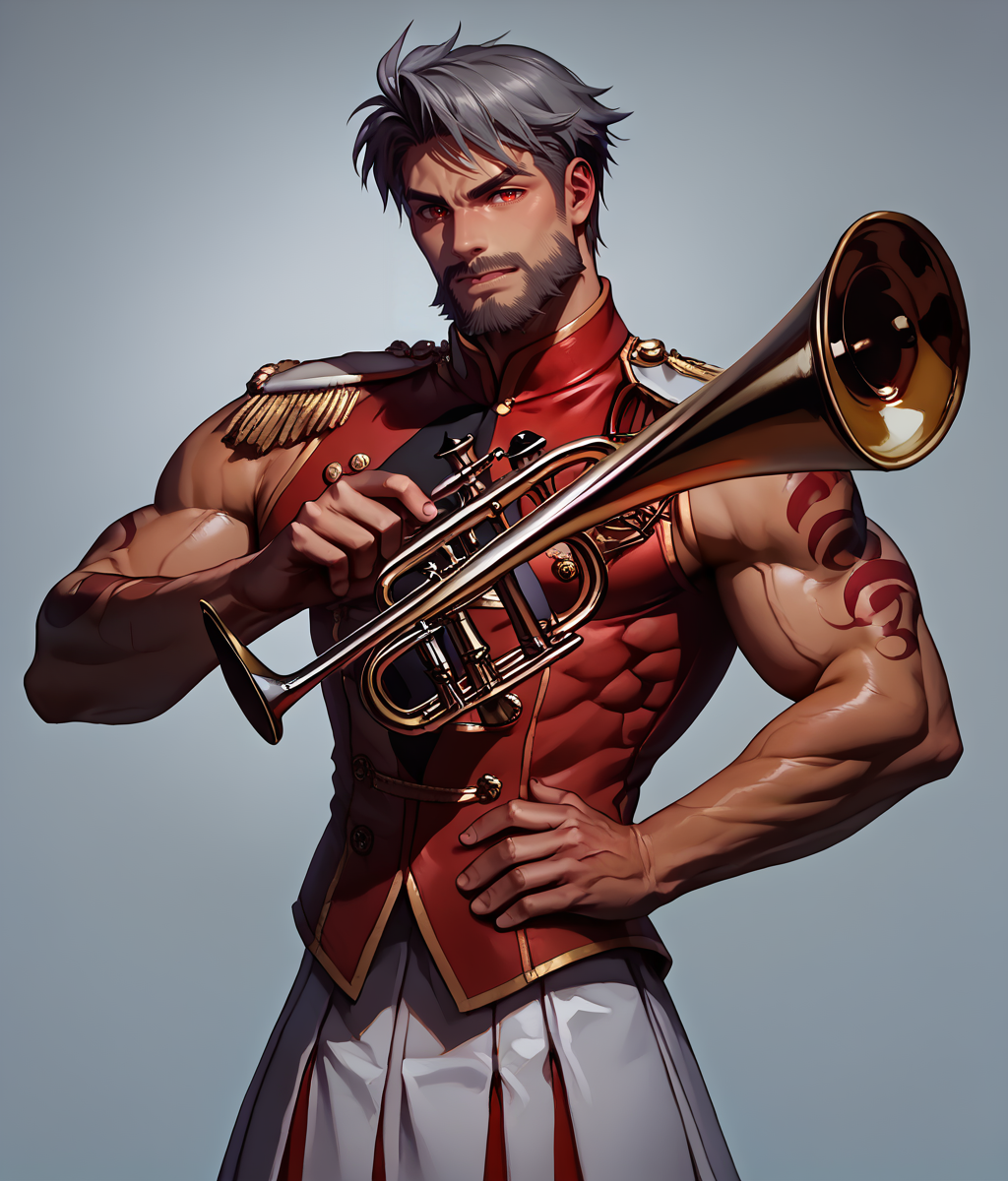 score_9, score_8_up, realistic, rating_questionable, bif, facial hair, beard, 
<lora:band-uniform-ponyxl-lora-nochekaiser:.7> band uniform, marching band, shako cap, trumpet, epaulettes, instrument, sleeveless, skirt, white skirt, miniskirt, playing instrument
<lora:face_Adray_Lasbard:1>, AdrayLasbard, mature male, grey hair, short hair, red eyes, facial hair, mustache, muscular, arm tattoos, 
glossy skin, 1 muscular male, handsome, short hair, detailed background, bara,, mature,
<lora:egg_leonard-04:.4><lora:style_Concept Art DarkSide Style LoRA_Pony XL v6:1><lora:slider_skin tone slider_last:-1>,<lora:slider_Body Type_alpha1.0_rank4_noxattn_last:1>