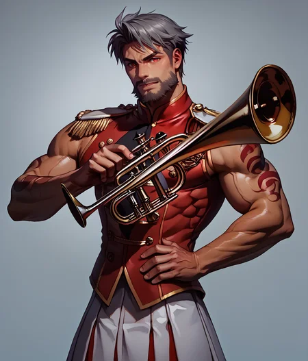 score_9, score_8_up, realistic, rating_questionable, bif, facial hair, beard,
<lora:band-uniform-ponyxl-lora-nochekaiser:.7> band uniform, marching band, shako cap, trumpet, epaulettes, instrument, sleeveless, skirt, white skirt, miniskirt, playing instrument
<lora:face_Adray_Lasbard:1>, AdrayLasbard, mature male, grey hair, short hair, red eyes, facial hair, mustache, muscular, arm tattoos,
glossy skin, 1 muscular male, handsome, short hair, detailed background, bara,, mature,
<lora:egg_leonard-04:.4><lora:style_Concept Art DarkSide Style LoRA_Pony XL v6:1><lora:slider_skin tone slider_last:-1>,<lora:slider_Body Type_alpha1.0_rank4_noxattn_last:1>