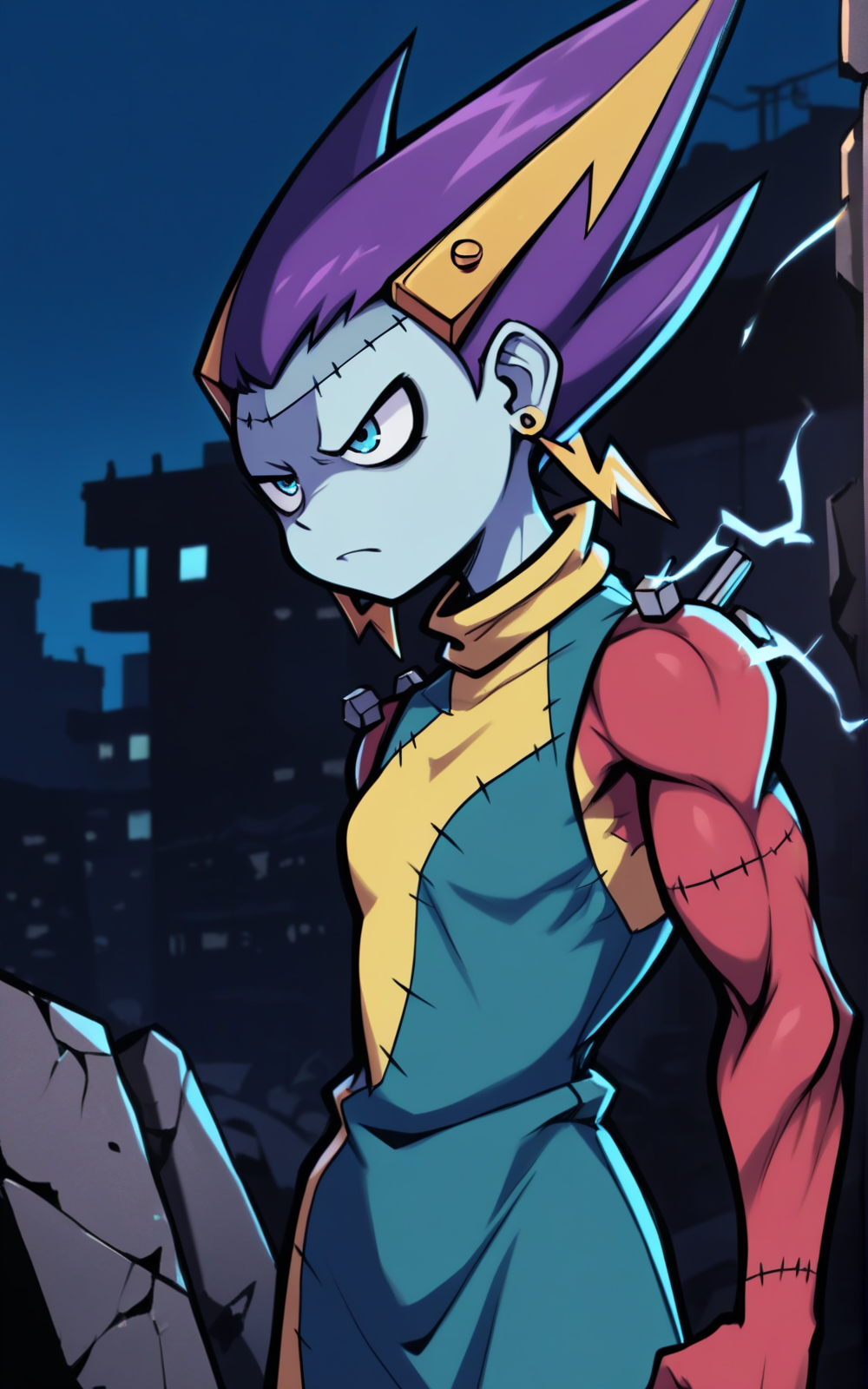 best quality, absurdres,<lora:BolivanteStyleITS:0.8>,   <lora:SHAITS:0.8>, SHAITS, earrings, jewelry, blue eyes, spiked hair, colored skin, multicolored hair, object through head, sleeveless, multicolored dress, screw, two-tone hair, bolt, stitches,slim,purple hair, blue skin,city, gothic, night, hell,(red arms),arm muscle, electricity ,slim,blue dress,yellow dress,green dress,female, annoyed ,fist,rubble, action pose, female