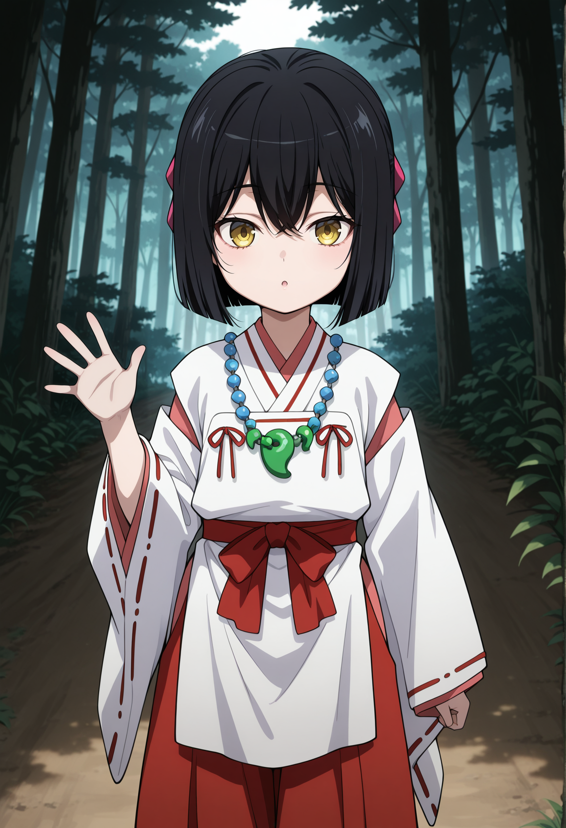 1girl, black hair, yellow eyes, ribbon, pearl necklace, magatama, japanese clothes, miko, outdoors, forest, waving, 
  <lora:himiko_nobuna_illus:1>, masterpiece, best quality, amazing quality, very aesthetic, absurdres, highres, newest