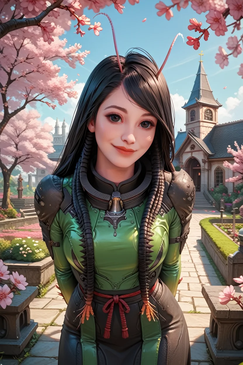 score_9, score_8_up, score_7_up, score_6_up
<lora:GOTGMantis:0.9>
GOTGMantis, 1girl, alien, black hair, long hair, black eyes, antenna, looking at viewer, arms behind back, leaning forward, standing, outdoors, cherry blossoms, smile, garden, church