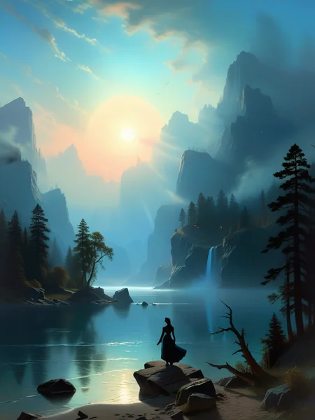 <lora:06NatureArt_Hap_XL:1>, Albert Bierstadt style, serene night, beautiful sky, dancing silhouette, Complex landscape, best quality, pastel colors, light blue tint, aesthetic Ethereal, Effulgent, Idyllic atmosphere, Tranquil, ethereal quality, cinematic volume, Twinkling lighting, glowing aura, global illumination, glowneon, Anisotropic Filtering, Unrivaled Opus, Unconventional, hyper detailed, HDR,