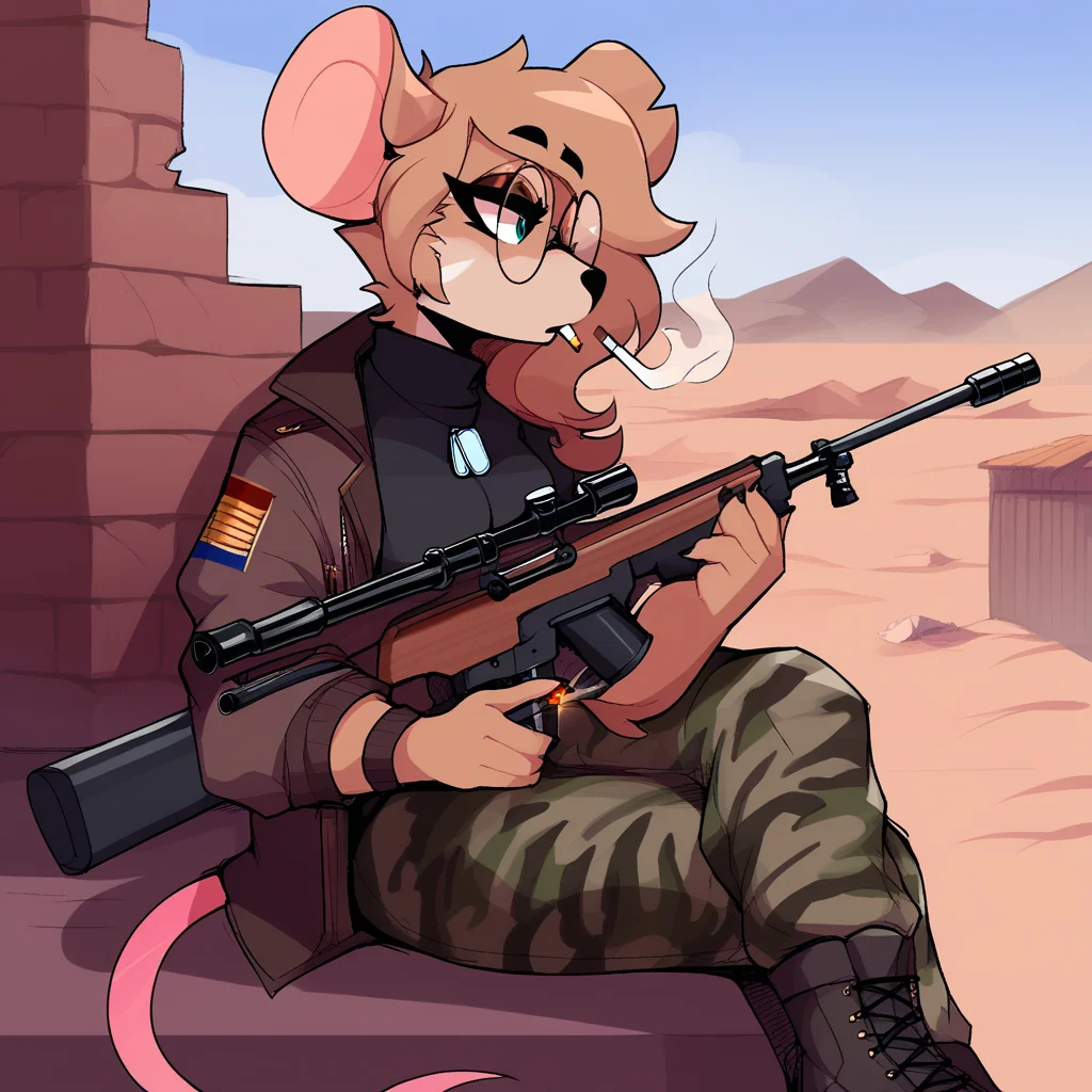 score_9_up, score_8_up, score_7_up, score_6_up, furry female, by remanedur, leah_pines(a.i.m), mouse, (round glasses), lying, crop top, dog tags, camo print, sniper rifle, cape, jacket, black miniskirt, combat boots, leaning, leaning against wall, building, outside, desert, (solo), on back, head tilt, sniper rifle, ground, cigarette, smoking, holding cigarette, <lora:Leah_Pines(AIM)_XL_v1:1>, <lora:PDXL_artist_tags_v2_big:0.6> <lora:The-Minuscule-Task_PDXL_v1.0:0.6>