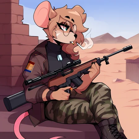 score_9_up, score_8_up, score_7_up, score_6_up, furry female, by remanedur, leah_pines(a.i.m), mouse, (round glasses), lying, crop top, dog tags, camo print, sniper rifle, cape, jacket, black miniskirt, combat boots, leaning, leaning against wall, building, outside, desert, (solo), on back, head tilt, sniper rifle, ground, cigarette, smoking, holding cigarette, <lora:Leah_Pines(AIM)_XL_v1:1>, <lora:PDXL_artist_tags_v2_big:0.6> <lora:The-Minuscule-Task_PDXL_v1.0:0.6>