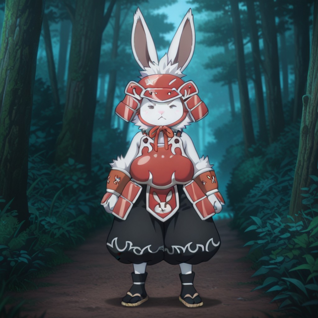 masterpiece, best quality, amazing quality, CeecrueslfIL, semi-anthro, male, rabbit, white fur, squinted eyes, red Samurai armor, red Samurai helmet, baggy black pants, white trim, black socks, tan sandals, standing, in a forest,, <lora:9b569c9e-48e9-44f4-bd08-d99f626c4dec:1.0>