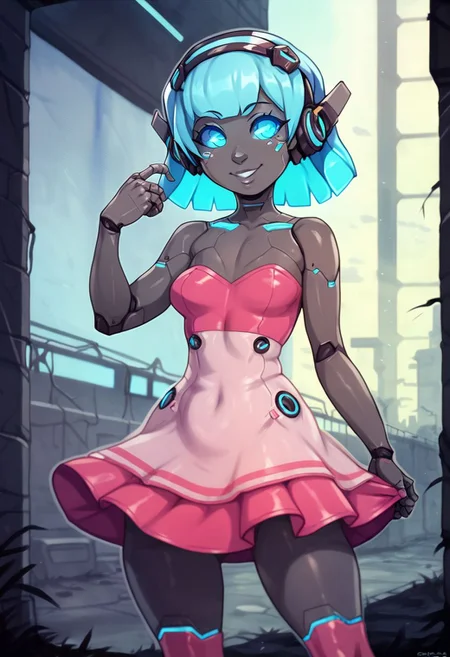 score_9, score_8_up, score_7_up, a cute girl smiling, viewed from behind, ;P, robot girl, android girl, (glowing blue eyes, solid blue eyes, glowing eyes, solid blue sclera, cyan), (blue hair, cyan), robot joints, grey artificial metal skin, cyberware lines, cyberware lines on face, in a cyberpunk city, cyberpunk, neon lights, [[drawn by owler, drawn by cyancapsule, ]:0.6]  ((wearing a cute futuristic short strapless dress))