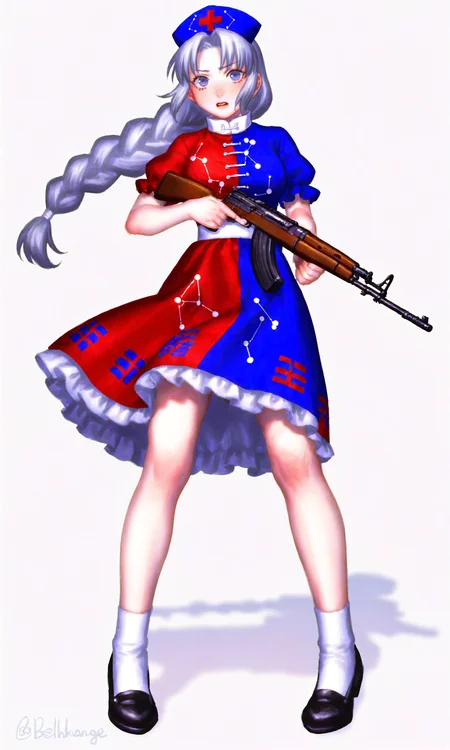 artist:bellhenge, artist:nakatani nio, 1girl, solo, yagokoro eirin, long hair, ak-47, gun, assault rifle, braid, grey hair, hat, nurse cap, holding weapon, dress, white background, full body, simple background, holding, short sleeves, socks, black footwear, red cross, blue dress, white socks, single braid, trigram, red dress, shoes, multicolored dress, constellation print, standing, white sash, multicolored clothes, puffy short sleeves, frills, puffy sleeves, cross, best quality, amazing quality, very aesthetic, absurdres