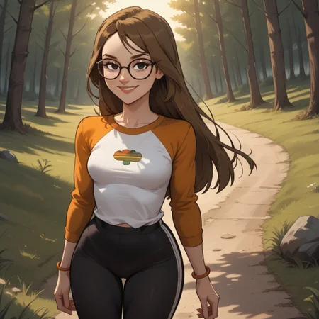 score_9, score_8, BREAK, solo, 1girl, multicolored long sleeves, undershirt, leggings, glasses, brown hair, long hair, black eyes, sneakers, breasts, total drama, Mary_(Total_Drama), tdtrr, cute, bracelet, sexy pose, self portrait, smile, outdoors, sunlight, shadows, evening lighting, natural lighting, forest, trees, grass, orange sky, sunset