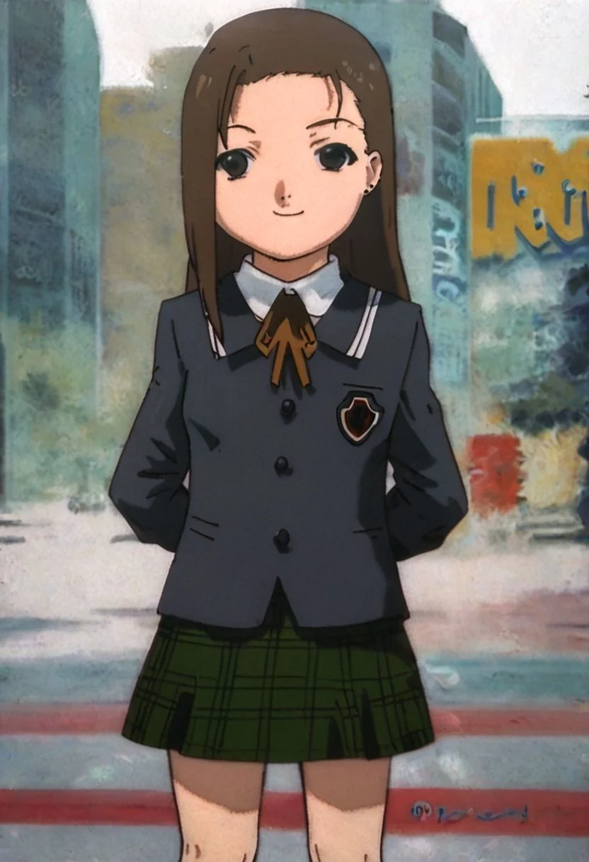 score_7_up, score_8_up, score_9, anime screencaps, 1girl, solo, <lora:Iwakura_Mika_PDXLv0-e40:0.9>, iwakura mika, shoolgirl uniform, neck ribbon, green plaid skirt, chibi, ((crossing arms, sulking)), looking away, cute, smile, school background