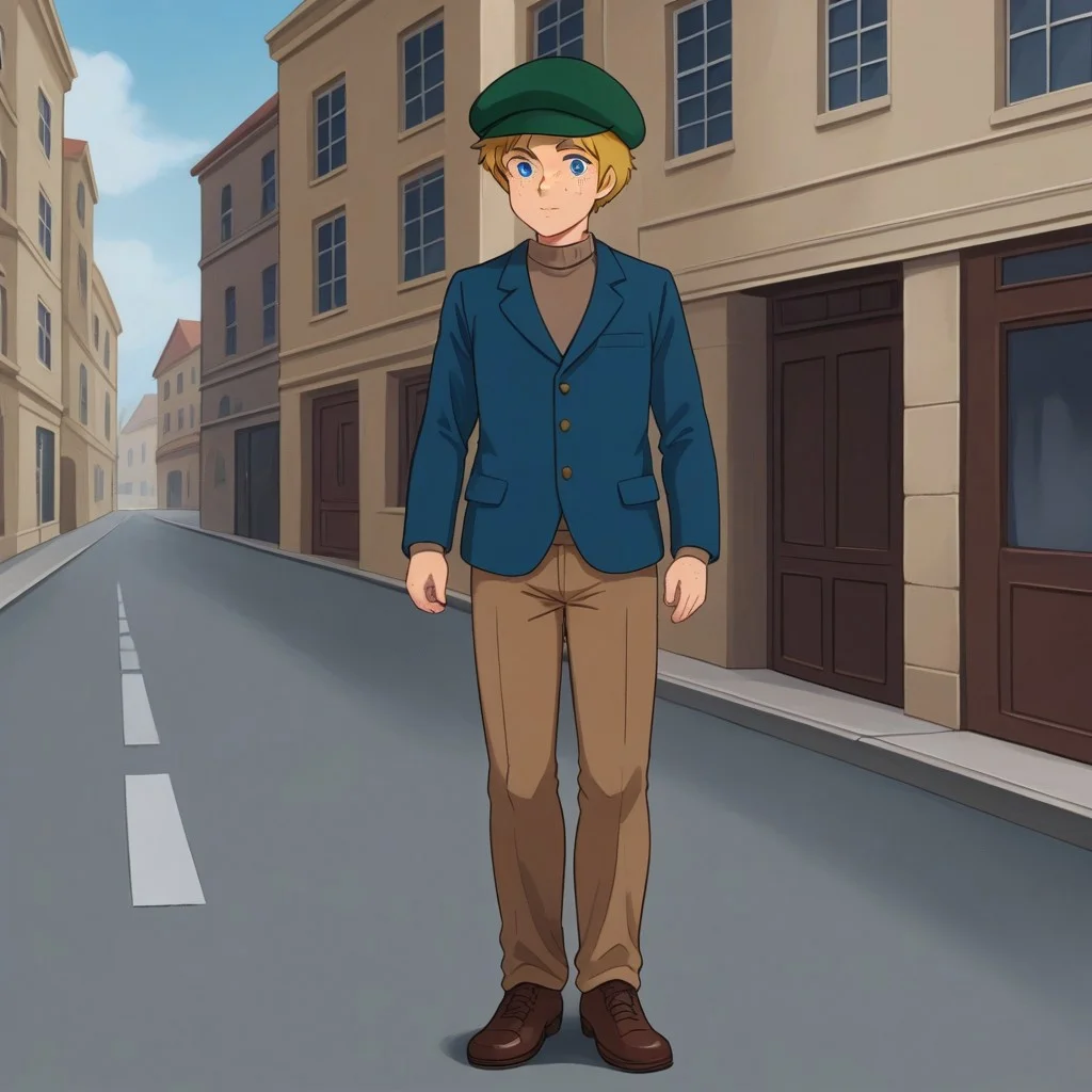 1boy, solo, Peter, blue eyes, freckles, blonde hair, short hair, hat, green hat, brown and burgundy blazer, jacket, blue jacket, long sleeves, pants, brown pants, standing, full body, in the street, front view,