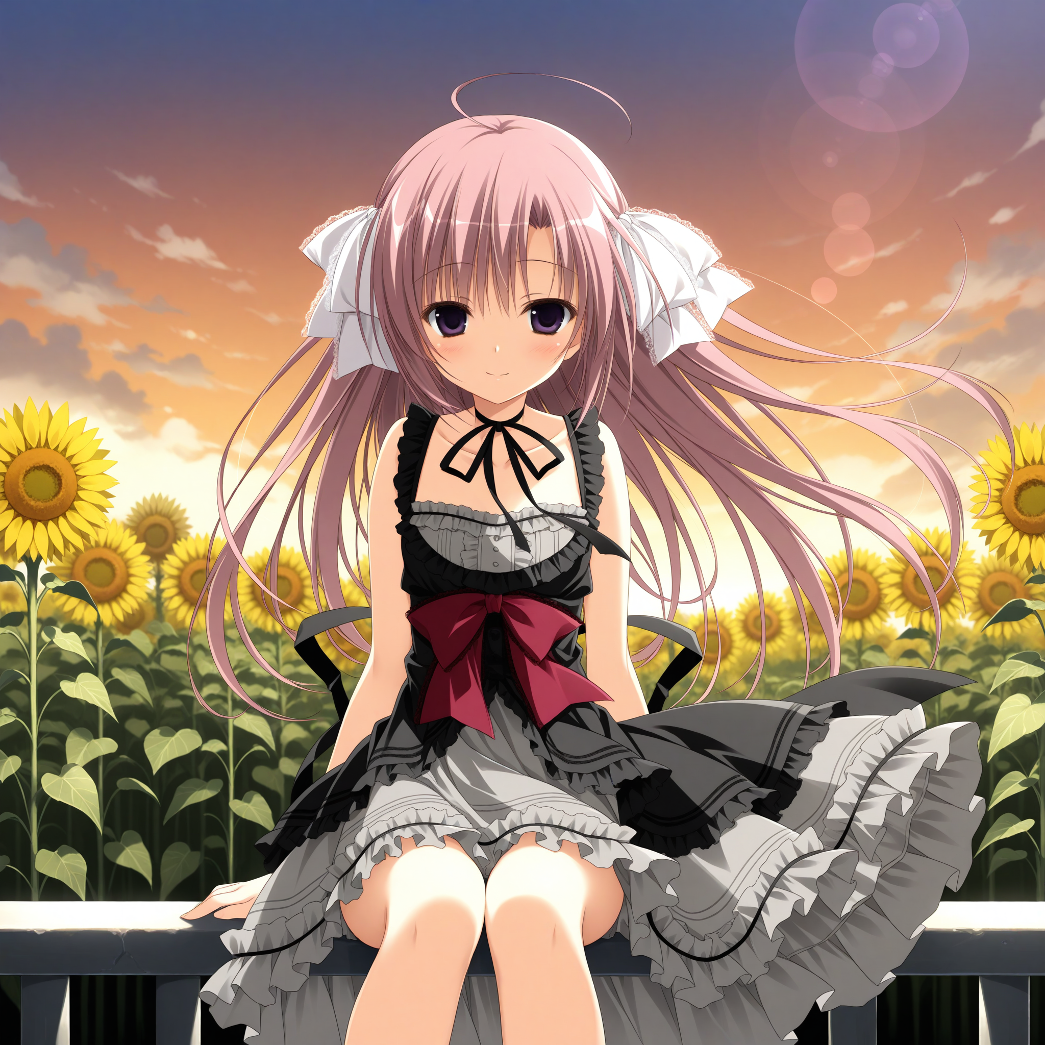 <lora:Natsusaki_Yomi_1_nai-000040:1>,Natsusaki Yomi,hair ribbon,white ribbon,
official outfit,black dress,cross,frills,frilled dress,layered dress,waist bow,red bow,neck ribbon,black ribbon,grey skirt,frilled skirt,layered skirt,off-shoulder dress,black straps,frilled straps,center frills,grey frills,sleeveless dress,
BREAK
1girl,solo,looking at viewer,smile,sunflower,flower field,sunset,front view,depth of field,lens_flare,sitting,on railing,arms at sides,wind,floating hair,