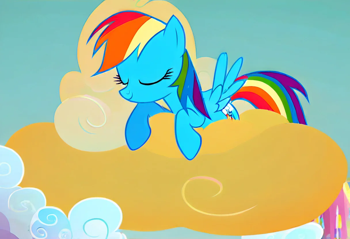 MLP Style, hi_res, score_9, score_8_up, 1girl, source_pony, show accurate, rainbow dash, eyes closed, relaxed, laying on a cloud, sleeping, adorable, (hooves hanging over the edge of the cloud), sunny day, wide view, sharp focus <lora:MLP_Style_V2-000008:1>