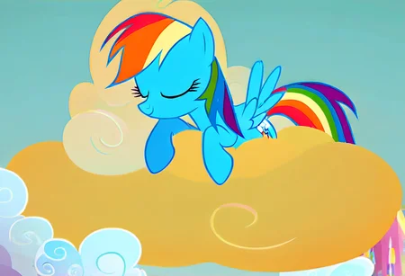MLP Style, hi_res, score_9, score_8_up, 1girl, source_pony, show accurate, rainbow dash, eyes closed, relaxed, laying on a cloud, sleeping, adorable, (hooves hanging over the edge of the cloud), sunny day, wide view, sharp focus <lora:MLP_Style_V2-000008:1>