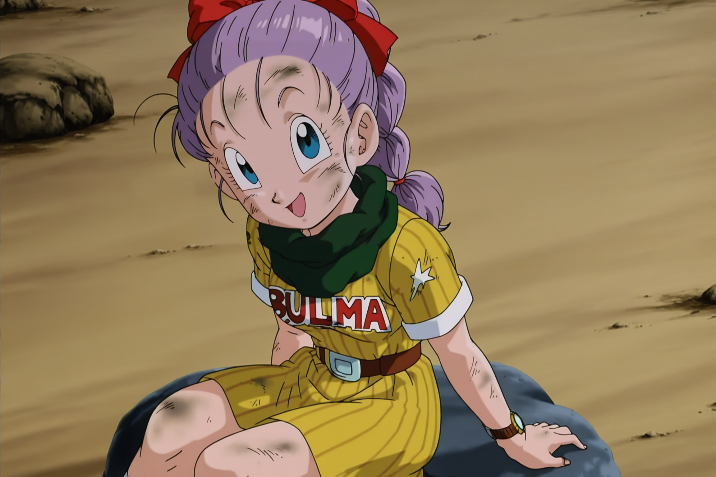 anime screencap, absurdres, high quality, official style,
bulma, path to power, classic outfit, official style, 1girl, solo, looking at viewer, smile, open mouth, blue eyes, sitting, hair bow, purple hair, short sleeves, outdoors, yellow dress, socks, belt, green scarf, clothes writing, watch, rock, wristwatch, dirty, vertical-striped dress, dirty face, dirty clothes, sitting on rock, character name, braided ponytail, hair pulled back
<lora:Bulma_IL:0.8>