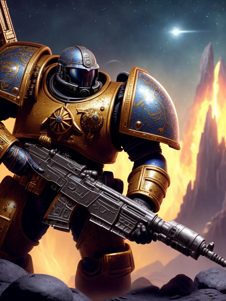 (extremely detailed 8k wallpaper), a medium shot photo of a detailed space marine in an alien landscape holding a futuristic weapon, Intricate, High Detail, dramatic, best quality masterpiece, photorealistic, detailed, 8k, HDR, backlighting, bloom, light sparkles, chromatic aberration, sharp focus