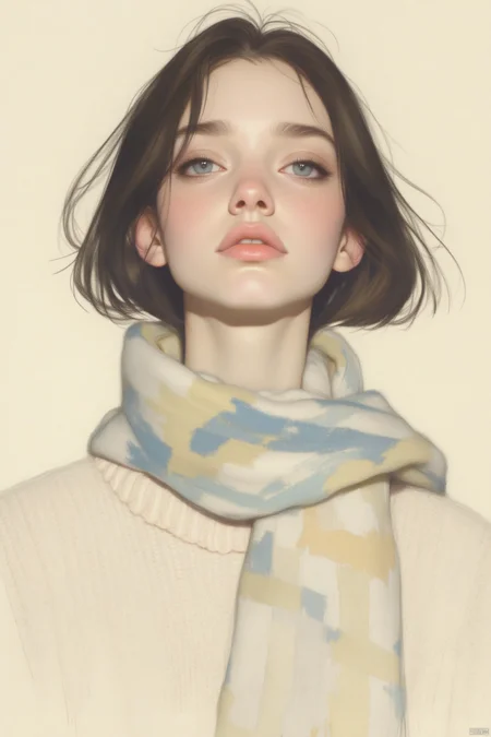 OBxiaoxiang,
This image is a digital illustration featuring a young woman with a serene and slightly melancholic expression. She has fair skin, a delicate nose, and full, slightly parted lips with a natural, neutral pink hue. Her large, almond-shaped eyes are a striking blue, framed by thick, dark lashes. Her hair is shoulder-length, dark brown, and slightly tousled, with a few strands framing her face.
She is dressed in a light-colored, textured sweater that appears to be knitted, with subtle patterns and a soft, cozy feel. Around her neck, she wears a scarf with a geometric pattern in shades of blue, white, and yellow, adding a touch of warmth and texture to the image. The background is a plain, light beige, which helps to focus attention on the subject.
The style of the illustration is realistic with a soft, painterly quality, characterized by smooth transitions and a gentle blending of colors. The artist has used subtle shading and highlights to create a three-dimensional effect, enhancing the realism of the subject. The overall mood of the image is introspective and contemplative, capturing a moment of quiet reflection.