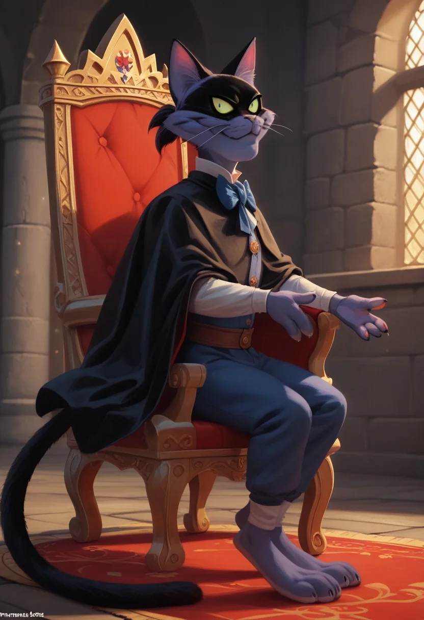 score_9, score_8_up, score_7_up, score_6_up, 1boy, hi_res, Fantomcat, cat, cat tail, cat anthro, Cartoon, detailed background, negative_hand, big eyes, 4fingers, 4k, ultra detailed, focus eyes, long cat legs, (medieval castle:1.4), indoors, standing, full body view, 3/4 side view, seductive smile, looking at viewer, black cloak, slim body, sitting on red throne