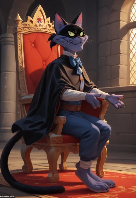 score_9, score_8_up, score_7_up, score_6_up, 1boy, hi_res, Fantomcat, cat, cat tail, cat anthro, Cartoon, detailed background, negative_hand, big eyes, 4fingers, 4k, ultra detailed, focus eyes, long cat legs, (medieval castle:1.4), indoors, standing, full body view, 3/4 side view, seductive smile, looking at viewer, black cloak, slim body, sitting on red throne