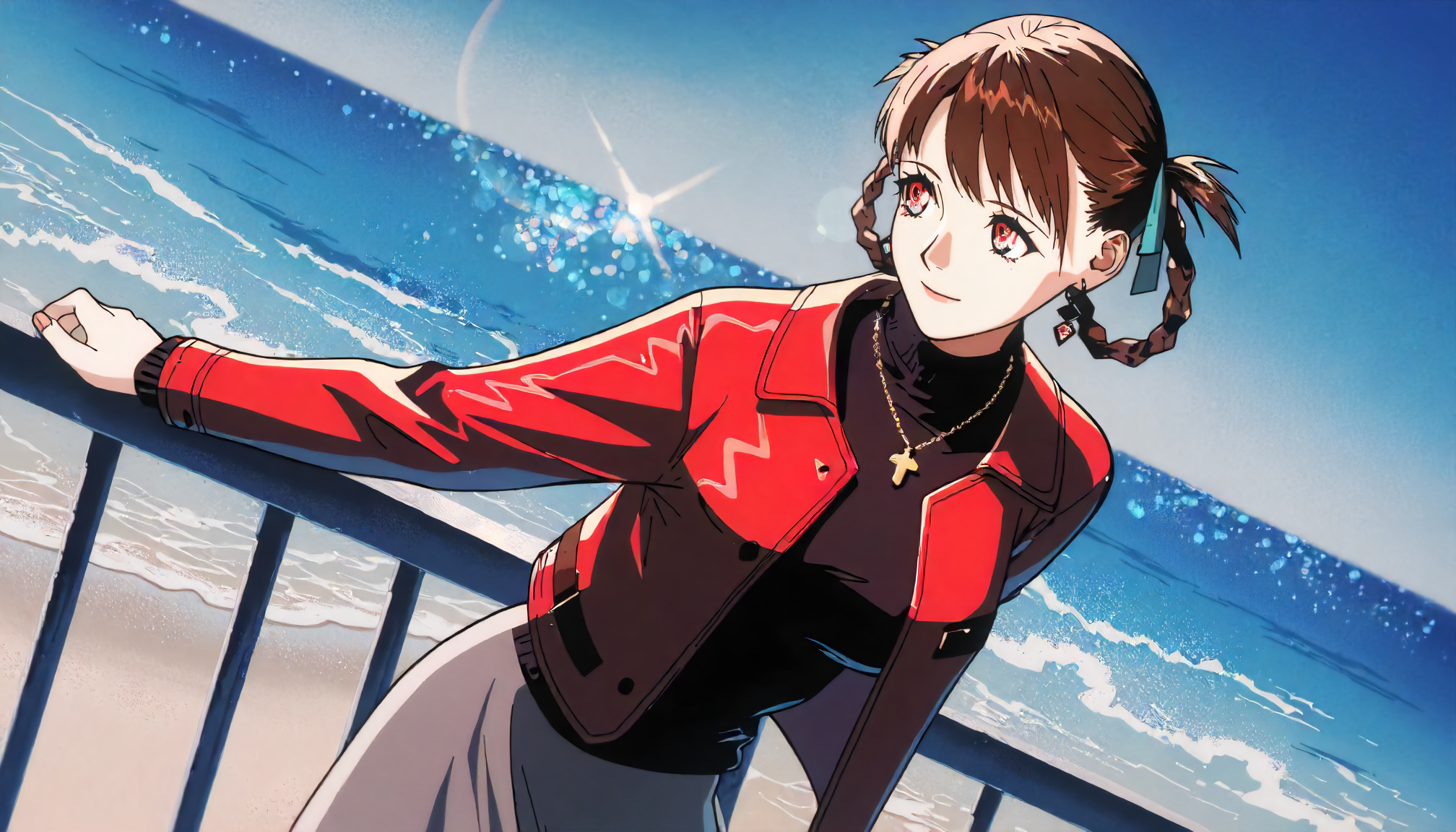 <lora:AKITE_SawaXLillustrious008>,
masterpiece,best quality,good quality,newest,
outdoors,detailed background,blue background,ocean,lens_flare,glitter,
smile,
solo,
AKITESawa,1girl,brown hair,hair ribbon,hair rings,red eyes,earrings,
breasts,
cross_necklace,
red leather jacket,turtleneck,black sweater,open jacket,
gray skirt,