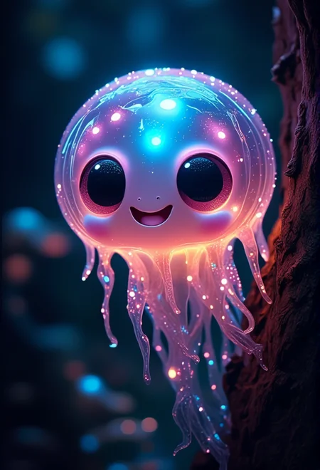 a glowing jellyfish with a happy face, bv-cutenh, peeking out from behind a tree, captured from a side view, in a fantastical style, ultra-detailed, with vibrant, radiant colors and sparkling ambiance that creates a sense of wonder, emphasizing extreme cuteness and charm with soft, rounded features, oversized, expressive eyes, and an enchanting atmosphere.<lora:bv-cuteness-enhancer-v1.safetensors:1.0:1.0>