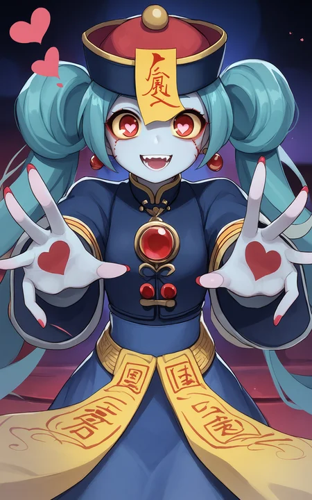 score_9,score_8_up,score_7_up,
<lora:jiangshiPony:1>,
jiangshi,1girl,zombie,heart,solo,red eyes,twintails,outstretched arms,zombie pose,long hair,red nails,colored skin,hat,stitches,blood,jewelry,looking at viewer,dress,symbol-shaped pupils,blue skin,open mouth,chinese clothes,qing guanmao,teeth,ofuda,necklace,aqua hair,long sleeves,heart-shaped pupils,nail polish,blue hair,talisman,smile,