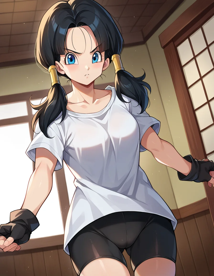 score_9, score_8_up, score_7_up, source_anime,
videl, <lora:dragonball-videl-ponyxl-lora-nochekaiser:1>,
videl, black hair, blue eyes, eyelashes, parted bangs, twintails,
bike shorts, black gloves, black legwear, collarbone, fingerless gloves, gloves, shirt, short sleeves, white shirt,
indoors, dojo,
looking at viewer, cowboy shot, dutch angle,