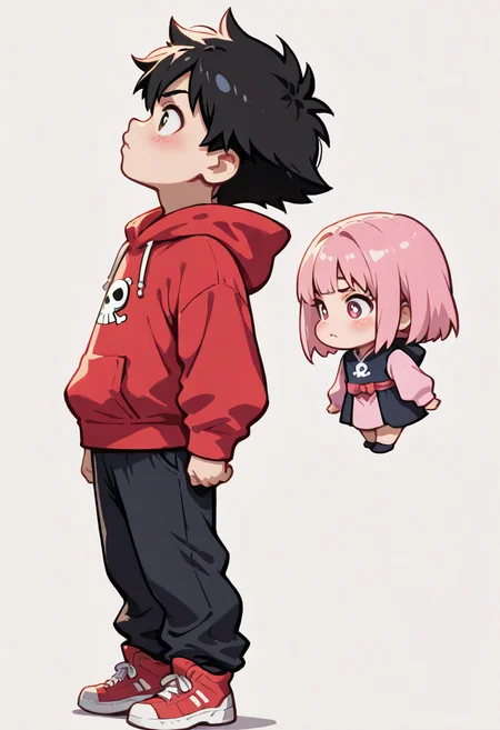 high contrast, masterpiece, best quality, amazing quality, very aesthetic, promotional art, newest, volumetric lighting, hyper detailed.
chibi, 1boy, child, profile, solo, full body, stand up, arms at sides, neutral expression, side view, red hoodies, Jolly Roger, loose pants, black pants, red sneakers, black pant, luminescent background, simple background.