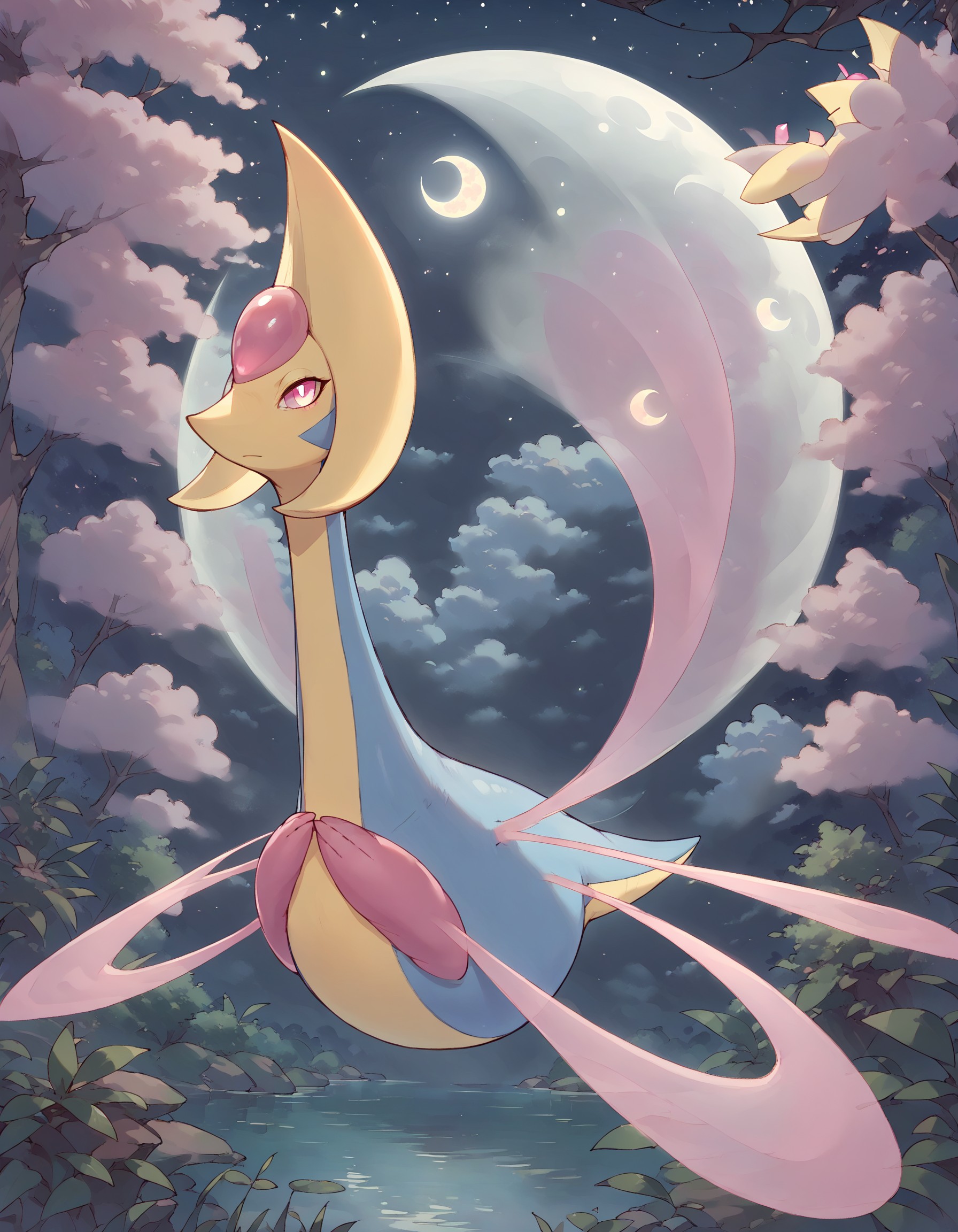score_9, score_8_up, score_7_up, Cresselia, (solo), pokemon \(creature\), full body, multicolored skin, blue skin, pink eyes, floating, looking at viewer, moon, night, forest, Expressiveh, , <lora:617f947f-ac55-4aaf-99b9-4c509965e0f6:0.9>, <lora:cefaa866-a58e-40ba-a219-79ab392f7d60:1.0>, <lora:7ec47181-66fd-458d-94ca-dd9d4ce04993:0.7>