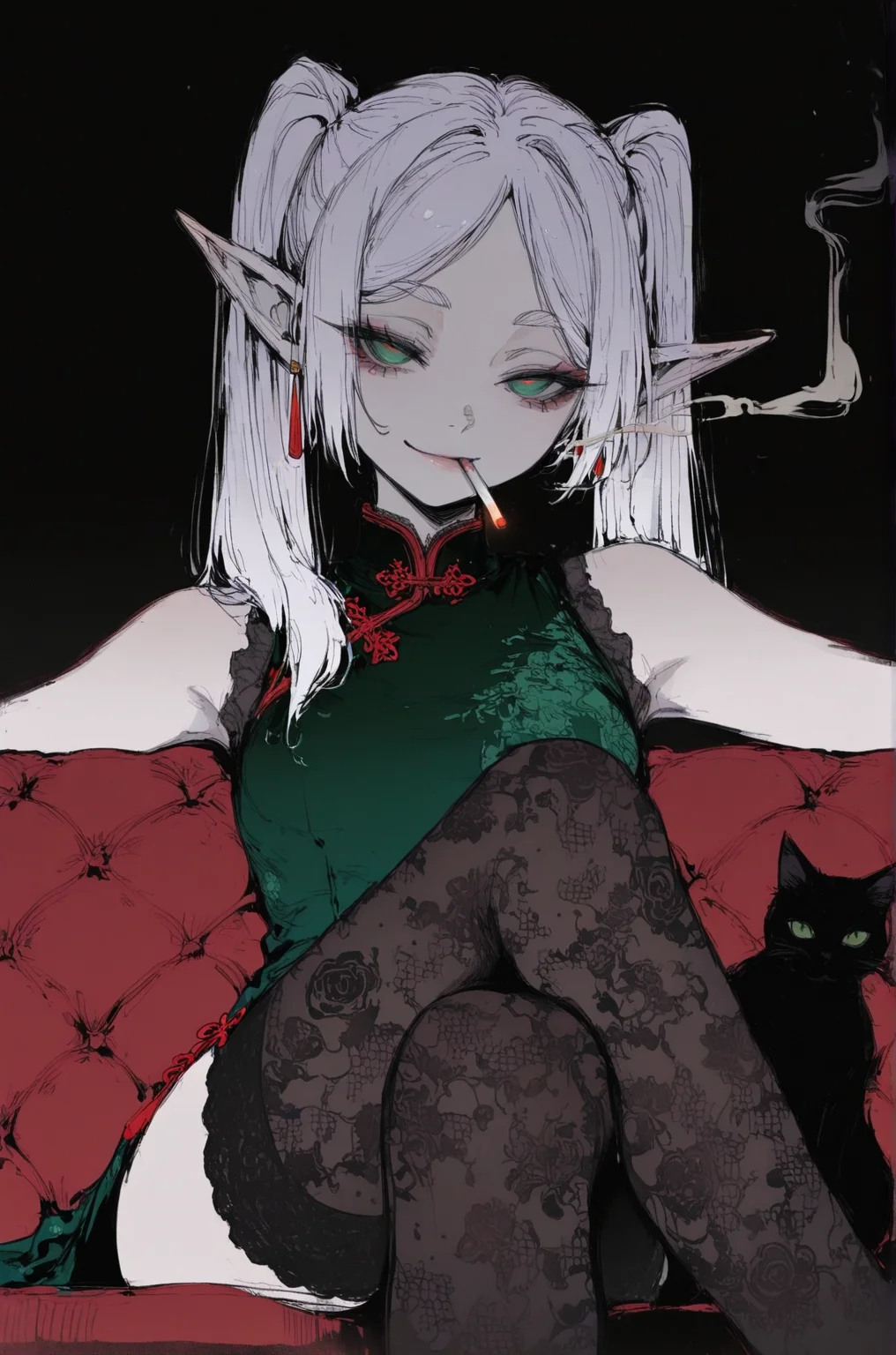 masterpiece, high_contrast, bright, very awa, amazing quality, best quality, newest, highres, absurdres, upper_body, Sinozick_illu,gradient,spot color, low angle,
1girl, frieren, twintails, elf, green eyes, pale_skin, sitting on sofa, dark red sofa, green chinese dress, sleeveless_dress, cigarette , smoking, smoke,seductive_smile, black_thighhighs, crossed_legs, lace, transparent_thighhighs, no shoes, looking_at_viewer, head_tilt, sexy pose, dark background, detailed eyes, narrow_waist, wide_hips, black cat, detailed eyes, dhjs, lace thighhighs, pattern on dress,