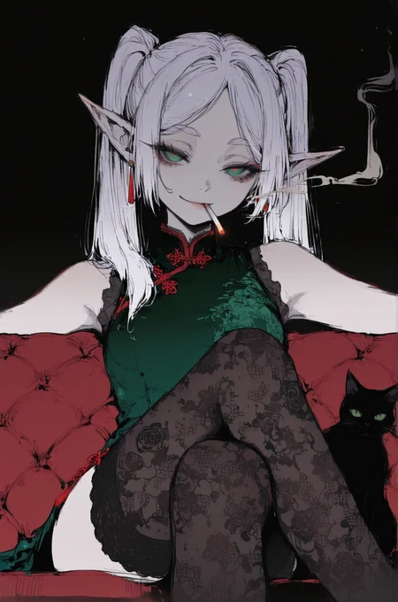 masterpiece, high_contrast, bright, very awa, amazing quality, best quality, newest, highres, absurdres,   upper_body,  Sinozick_illu,gradient,spot color, low angle,
1girl, frieren, twintails, elf, green eyes, pale_skin, sitting on sofa, dark red sofa, green chinese dress, sleeveless_dress, cigarette , smoking, smoke,seductive_smile,  black_thighhighs, crossed_legs, lace, transparent_thighhighs, no shoes, looking_at_viewer, head_tilt, sexy pose,  dark background,   detailed eyes, narrow_waist, wide_hips, black cat, detailed eyes, dhjs, lace thighhighs, pattern on dress, 