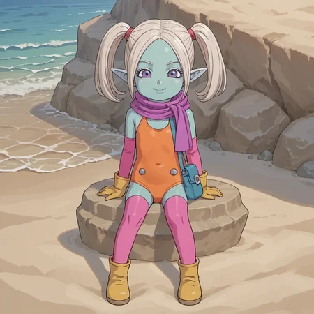 source_anime,score_9,score_8_up,score_7_up,daimapanzy,toddler,orange swimsuit,solo,1girl,smile,flat chest,colored skin,blue skin,zettai ryouiki,pointy ears,purple eyes,scarf,purple scarf,pink thighhighs,long hair,twintails,bare shoulders,yellow gloves,pink elbow gloves,yellow footwear,ankle boots,looking at viewer,full body,white hair,satchel,beach,sitting,<lora:Light-Detail_enhance:2>,<lora:Panzy_Dragonball_Daima:0.6>