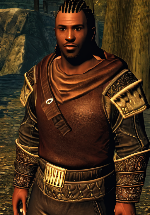 a man, <lora:Redguard-Male:0.8>, Redguard-Male, 1man, solo, upper body, (masterpiece, best quality, absurdres, detailed, ultra-detailed:1.3), charming