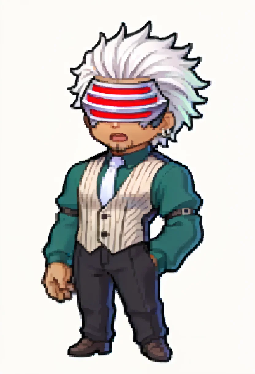 score_9, score_8_up, score_7_up, source_anime, 1boy, solo, open mouth, <lora:Feh-Sprites-pdxl_Fp:1> simple background, chibi, full body, <lora:GodotAA-pdxl:1> gdAA, white hair, short hair, mask, covered eyes, dark-skinned male, beard, single earring, collared shirt, green shirt, long sleeves, pinstripe vest, white necktie, arm strap, black pants
