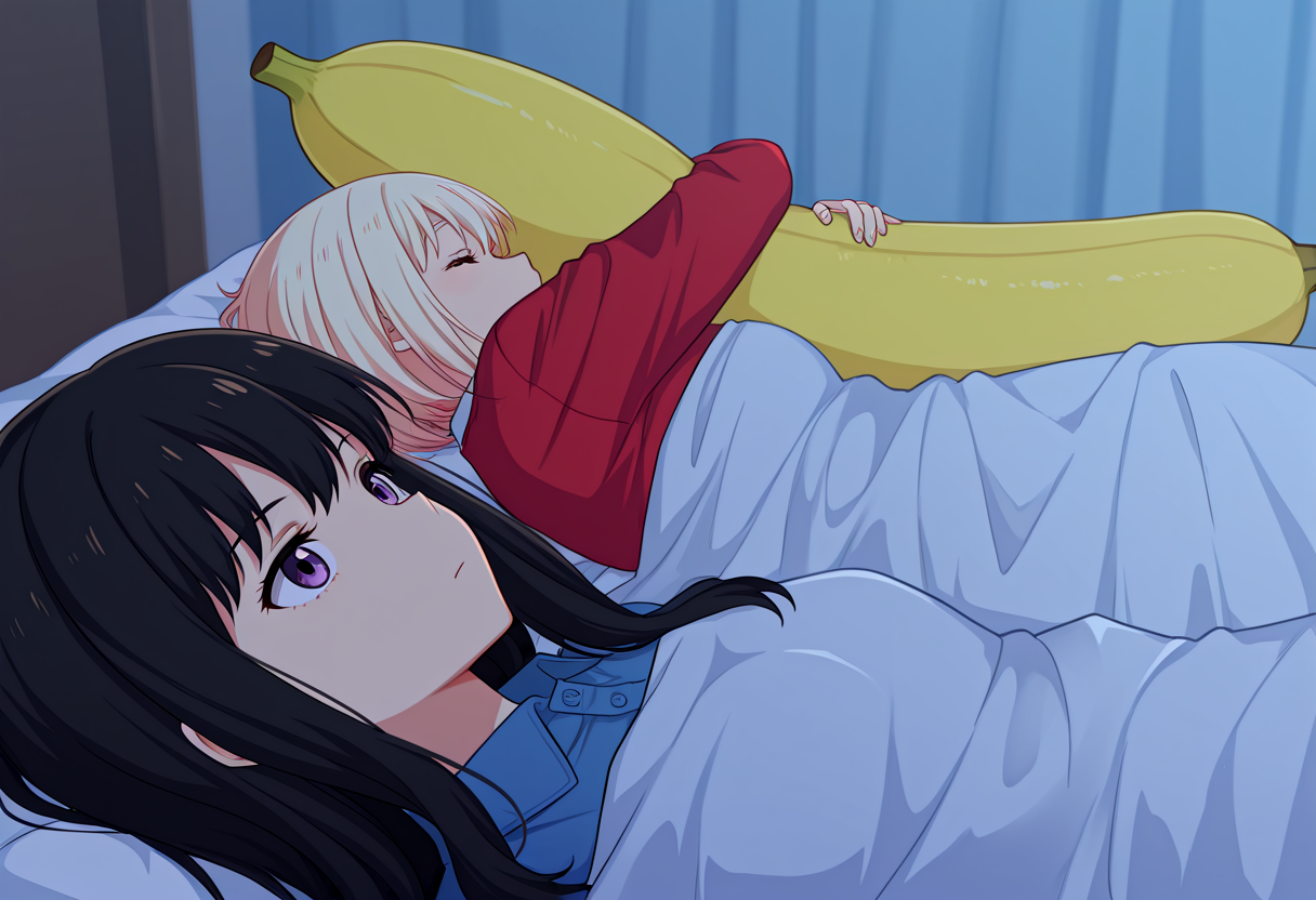 (masterpiece, best quality, amazing quality), absurdres, very awa, 500_dollar_four_foot_tall_mareep, 2girls, on bed, clothes on, casual clothes,
BREAK
1girl, nishikigi chisato, hugging object, banana cushion, sleeping,
BREAK
1girl, inoue takina, open eyes, closed mouth, expressionless, 
<lora:500_dollar_four_foot_tall_mareep_meme:1>
