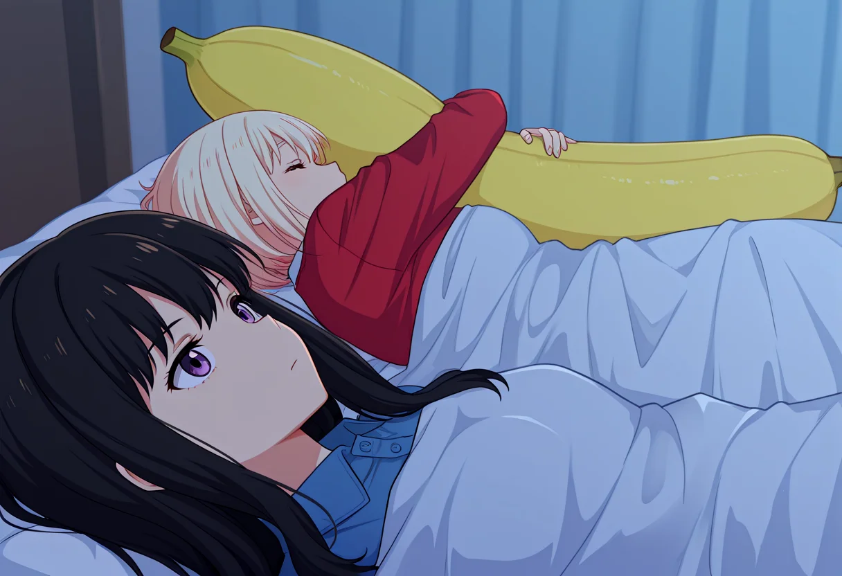 (masterpiece, best quality, amazing quality), absurdres, very awa, 500_dollar_four_foot_tall_mareep, 2girls, on bed, clothes on, casual clothes,
BREAK
1girl, nishikigi chisato, hugging object, banana cushion, sleeping,
BREAK
1girl, inoue takina, open eyes, closed mouth, expressionless,
<lora:500_dollar_four_foot_tall_mareep_meme:1>