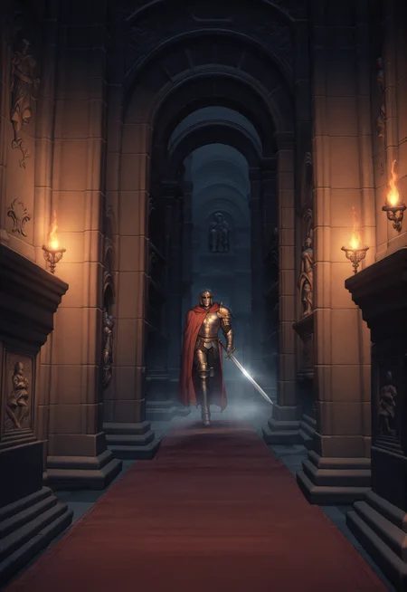 score_9, score_8_up, score_7_up, score_6_up, source anime
BREAK
1boy, muscular, full body, plate armor, helmet, holding sword, walking, mature, cape
BREAK
CotDeep, indoors, church interior, hallway, red carpet, fire, torch, torchlight, statue, ornamented wall, tile floor, ornamented floor, fog, stone floor, pillar, wide shot, dark, architecture  <lora:[Dark Souls III] Cathedral of the Deep Style Background_epoch_11:0.7>