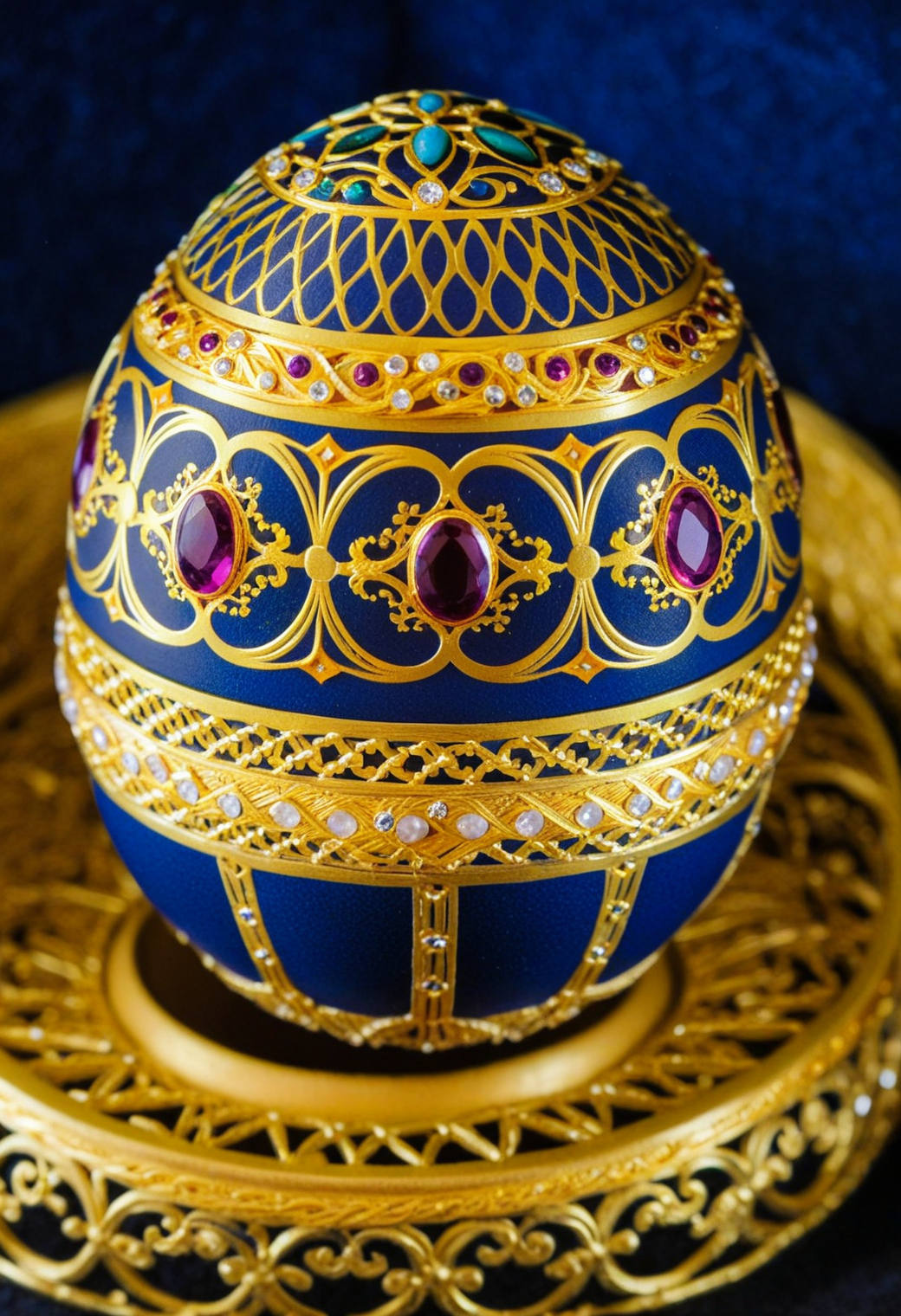 <lora:Sysdeep_EasterEgg:1>, sysdeep_easteregg, fabergé-style easter egg encrusted with ornate gold filigree, tiny gemstones, detailed craftsmanship, soft museum spotlight, dark royal background