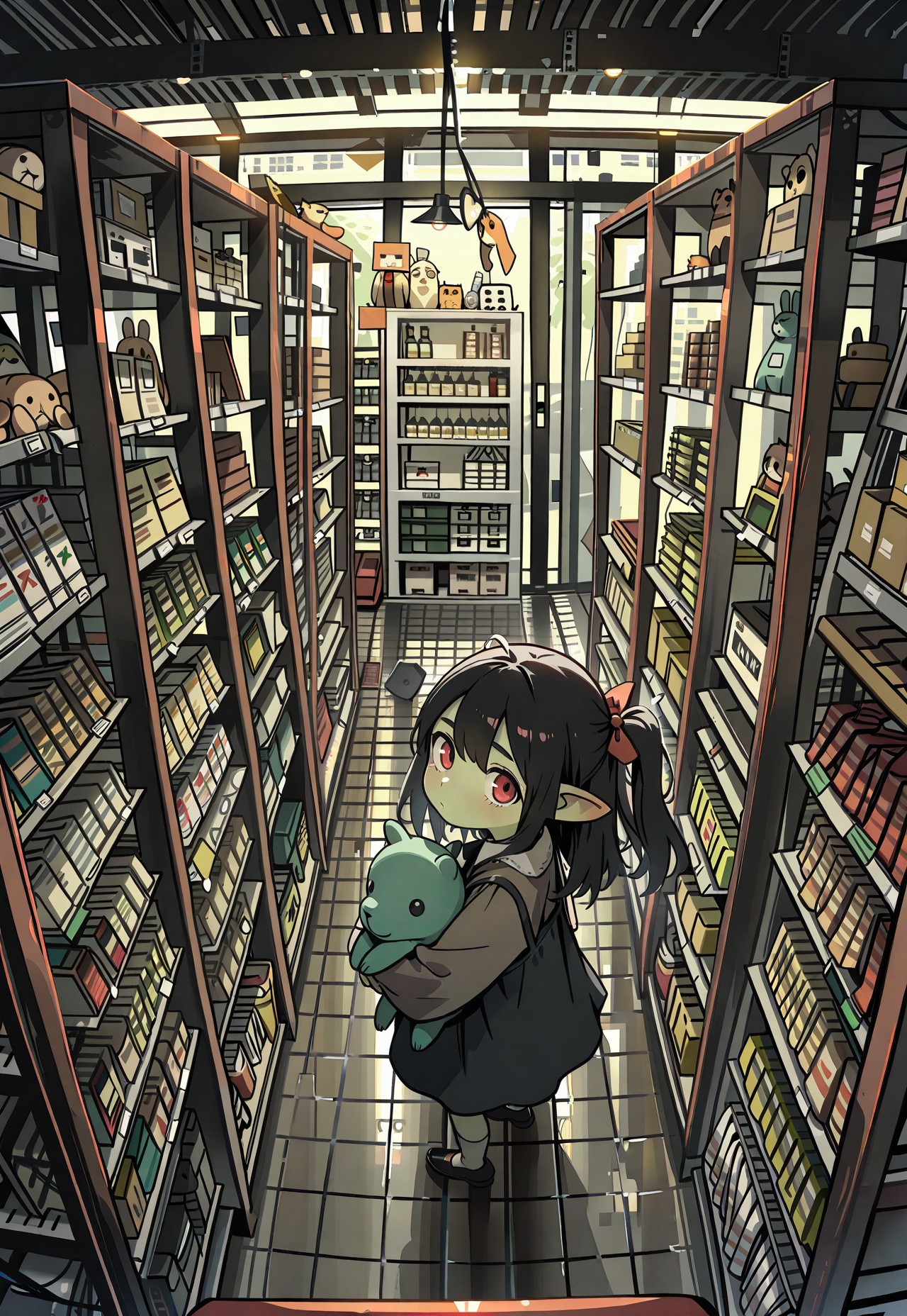 WALLPPR_ST, masterpiece, best quality, very aesthetic, high resolution, ultra-detailed, absurdres, newest, detailed eyes, beautiful, perfect lighting, hi res, amazing quality, very awa, painting_(artwork), dynamic angle, dynamic pose, WALLPPR_ST, detailed background, stuffed toy, stuffed animal, shelf, no humans, doll, red eyes, book, indoors, shop, from above, neervious goblin girl looking at viewer, cute girl
