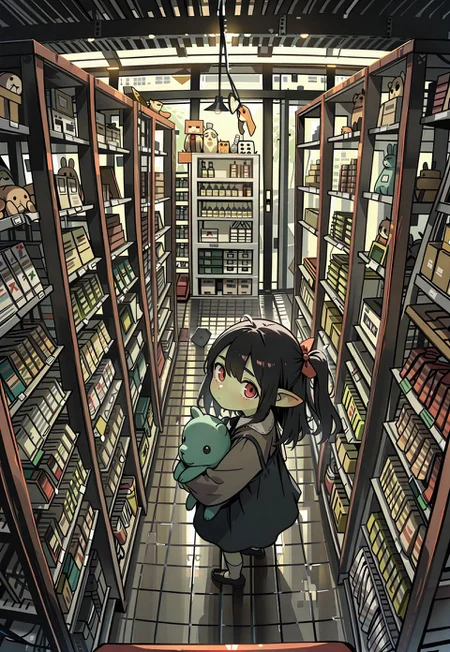 WALLPPR_ST, masterpiece, best quality, very aesthetic, high resolution, ultra-detailed, absurdres, newest, detailed eyes, beautiful, perfect lighting, hi res, amazing quality, very awa, painting_(artwork), dynamic angle, dynamic pose, WALLPPR_ST, detailed background, stuffed toy, stuffed animal, shelf, no humans, doll, red eyes, book, indoors, shop, from above, neervious goblin girl looking at viewer, cute girl