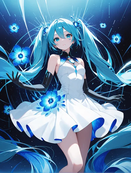 1girl, solo, long hair, hatsune miku, twintails, very long hair, dress, blue hair, gloves, full body, blue eyes, floating, looking at viewer, hair ornament, sleeveless, black gloves, multicolored hair, facial mark, sleeveless dress, flower, parted lips, absurdly long hair, elbow gloves, white dress, hair between eyes, bare shoulders,
abstract background, energy , blue blue theme, universe, cowboy shot, 
,masterpiece,best quality,amazing quality,