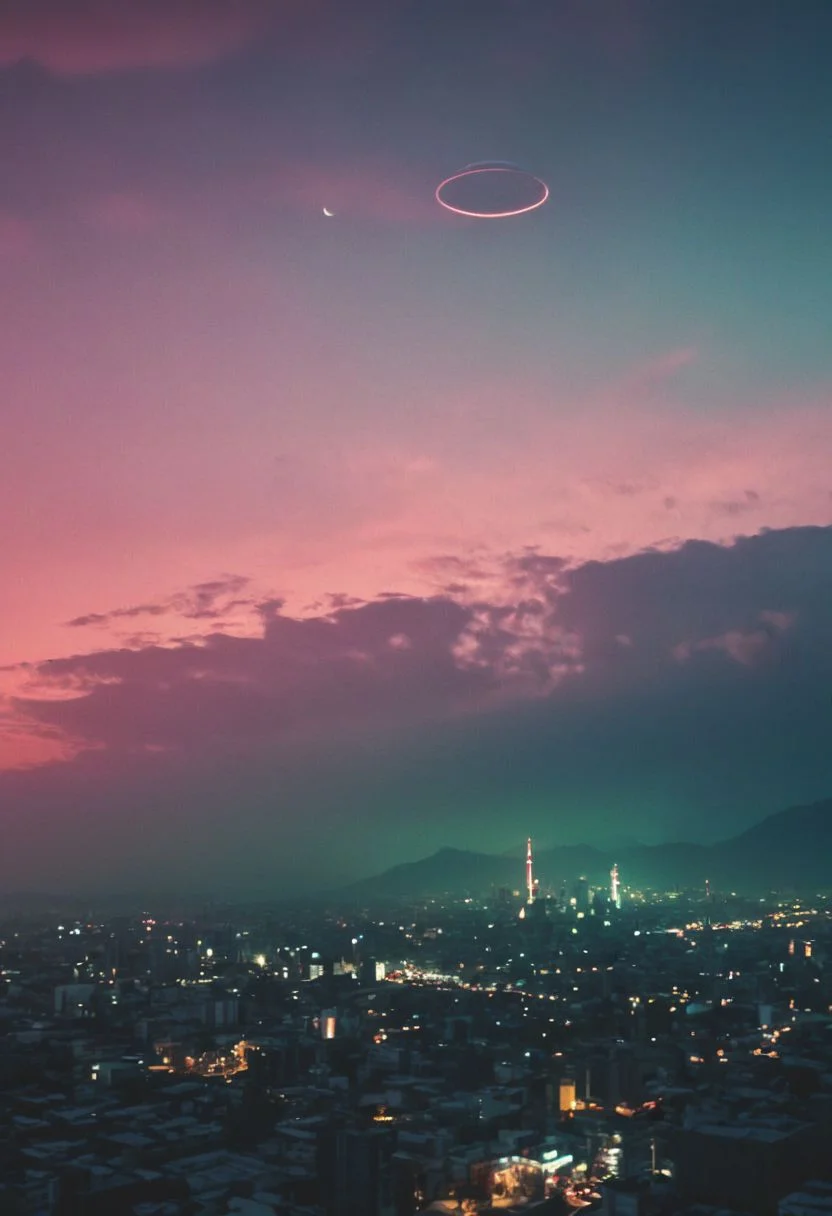 Nightly Landscape, pastel neon niji colors, a floating dystopian court high in the sky in clouds, wasted City Background, By Night, flying saucer in the very far Like a glimpse of light,
.atmospheric haze, Film grain, cinematic film still, highly detailed, high budget, cinemascope, moody, epic, OverallDetail, gorgeous, 2000s vintage RAW photo, photorealistic, candid camera, color graded cinematic, eye catchlights, atmospheric lighting, skin pores, imperfections, natural, shallow dof,